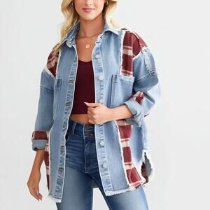 BKE Buckle Womens Western Plaid Pieced Distressed Oversized Denim Shacket Size S